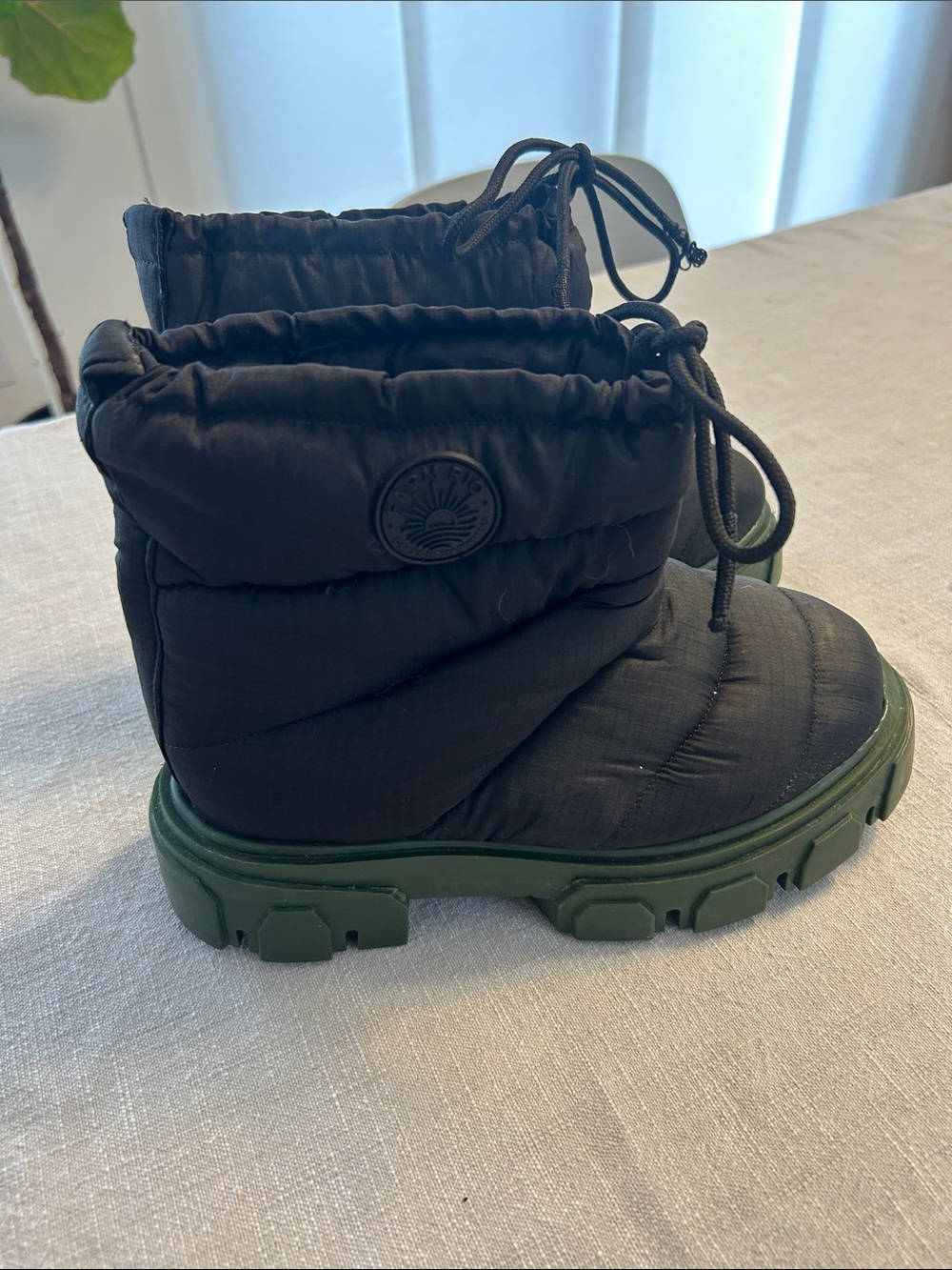 FARM Rio Black Puffer Winter Boots with Green Lug Sole